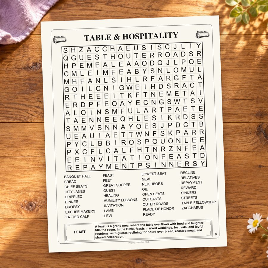 The complete Table and Hospitality puzzle page, including its word list.