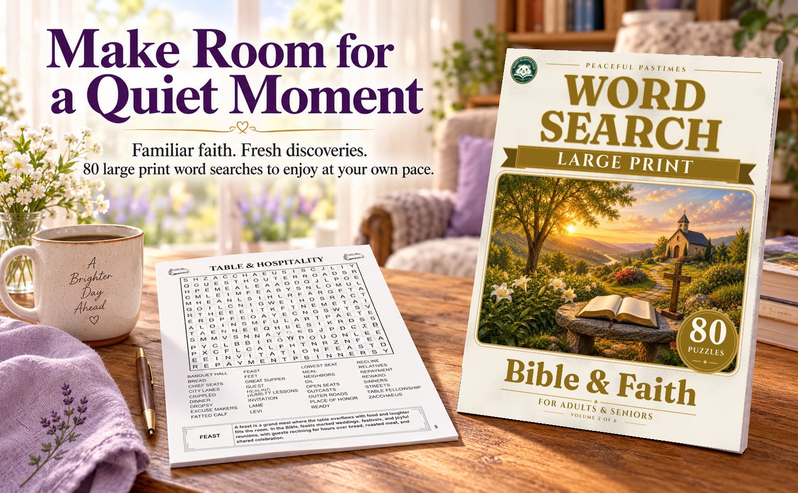 A warm reading scene with this paperback and a black-and-white puzzle page.