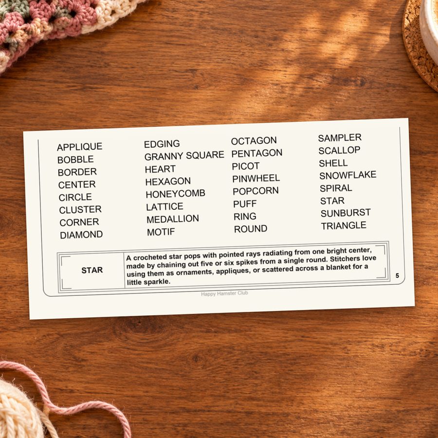 Printed word list and Word Spotlight from Granny Squares and Motifs.