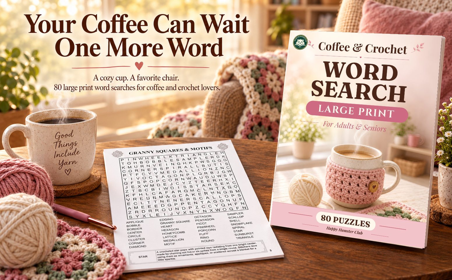 A warm reading scene with this paperback and a black-and-white puzzle page.