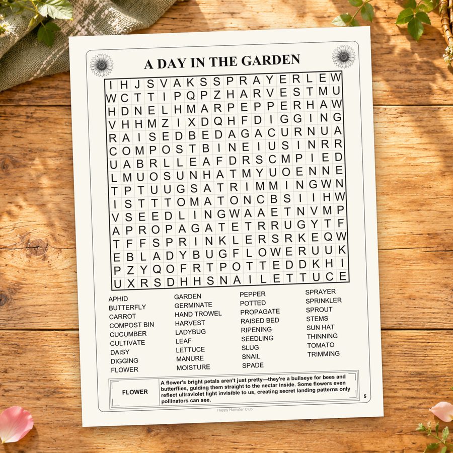 The complete A Day in the Garden puzzle page, including its word list.