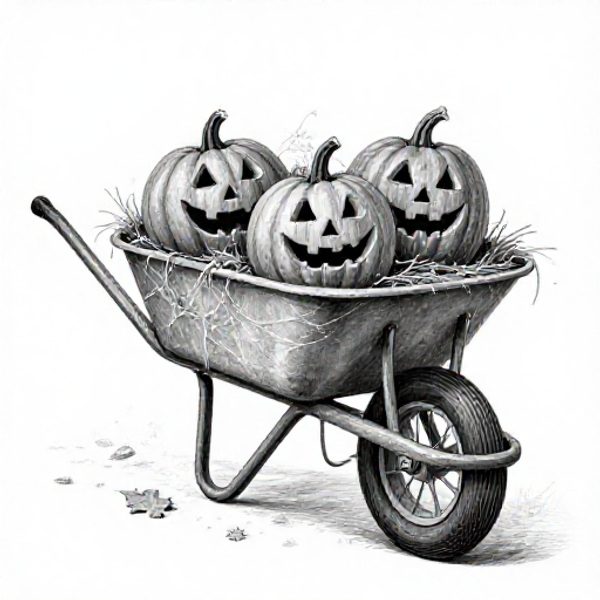 A black-and-white Word Spotlight illustration: a wheelbarrow full of jack-o-lanterns.