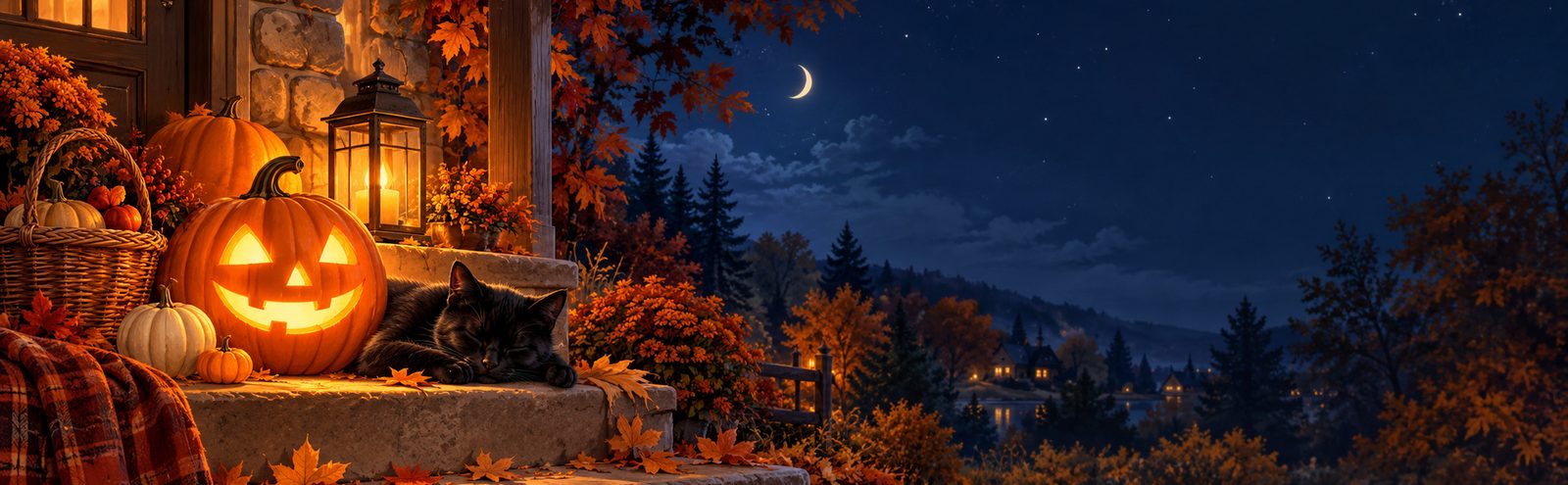 A sleeping black cat beside glowing pumpkins and a lantern on a moonlit autumn porch.