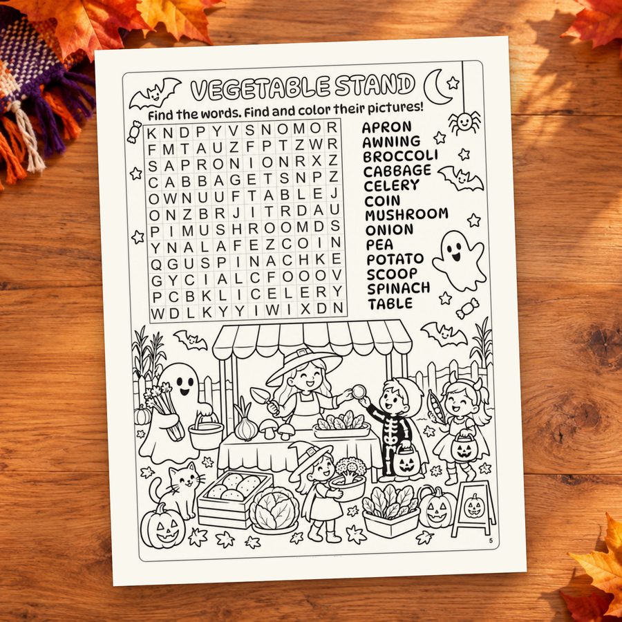 The complete Vegetable Stand page with its word search, word list, and picture hunt.