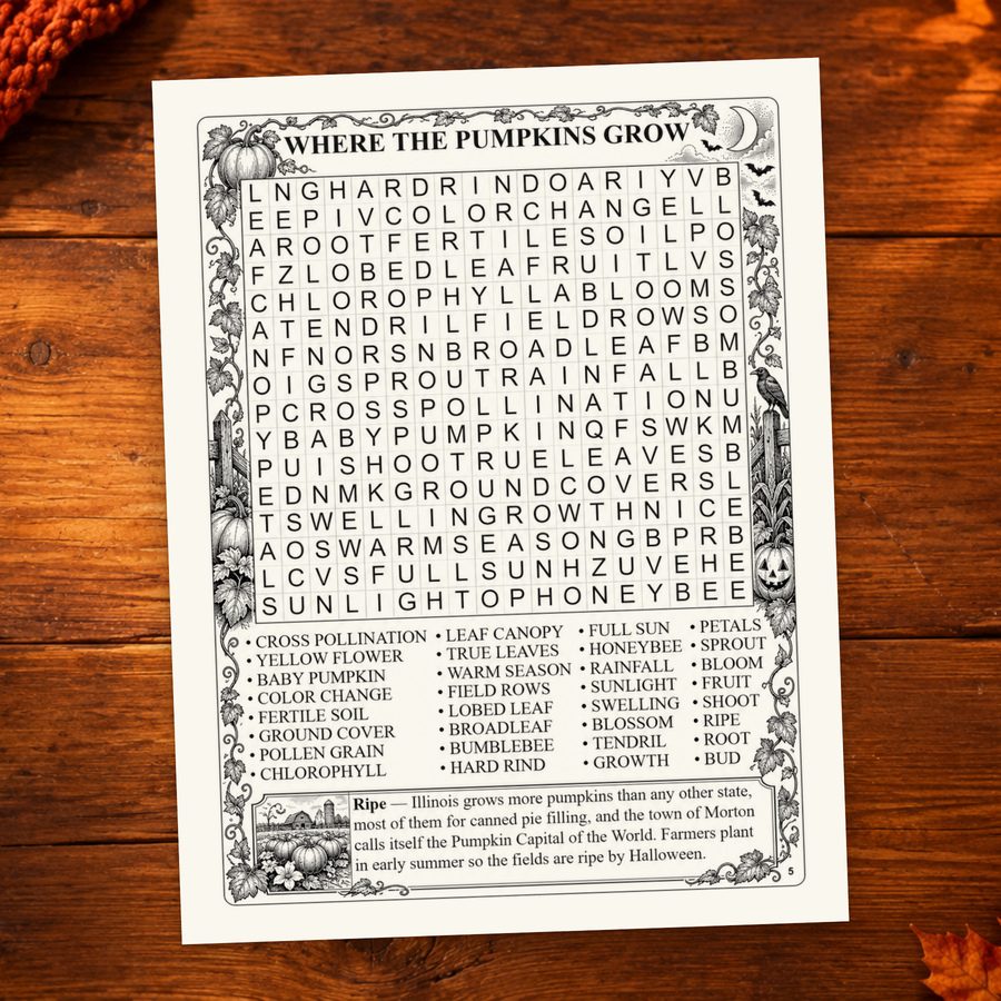 The complete Where the Pumpkins Grow puzzle page, including its word list.