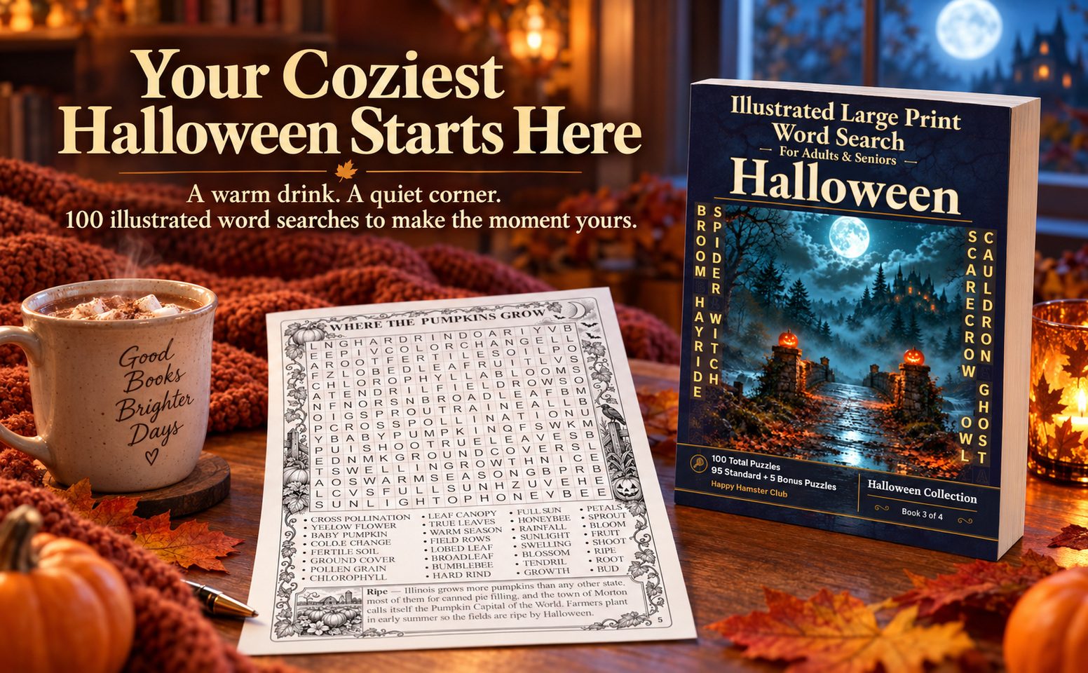 A warm reading scene with this paperback and a black-and-white puzzle page.