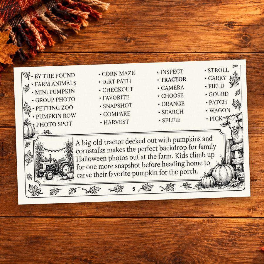 Printed word list and Word Spotlight from Family Day at the Farm.