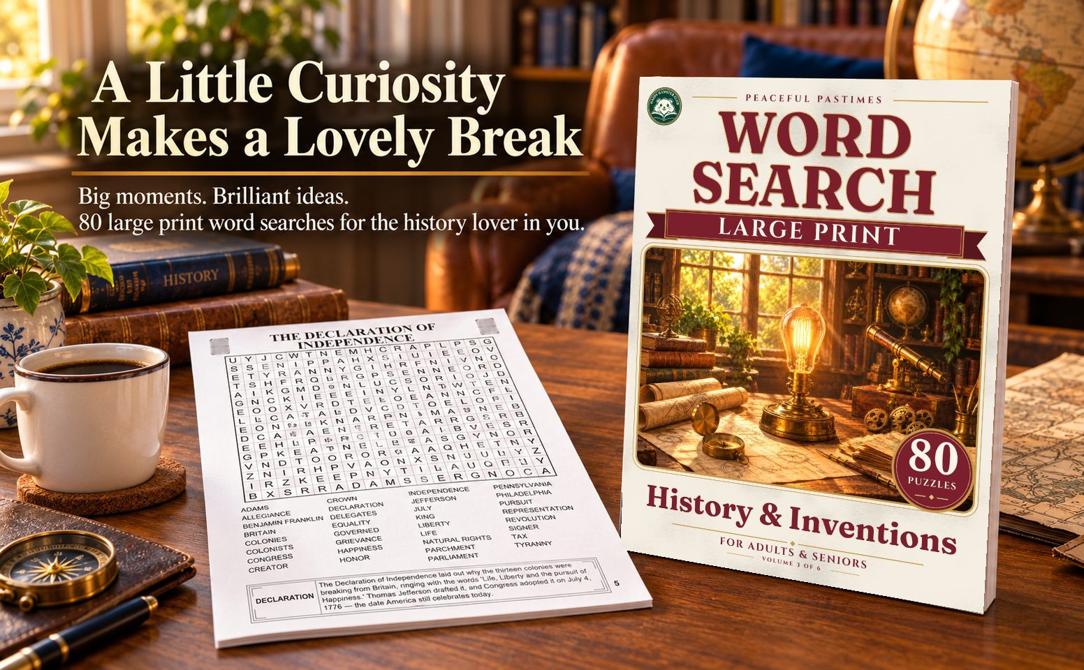 A warm reading scene with this paperback and a black-and-white puzzle page.
