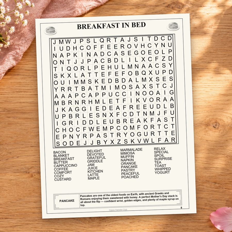 The complete Breakfast in Bed puzzle page, including its word list.