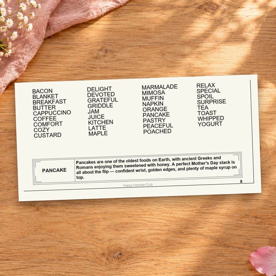 Printed word list and Word Spotlight from Breakfast in Bed.