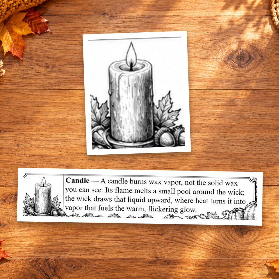 The original Candle illustration and printed Word Spotlight from the Pumpkin Patches puzzle.