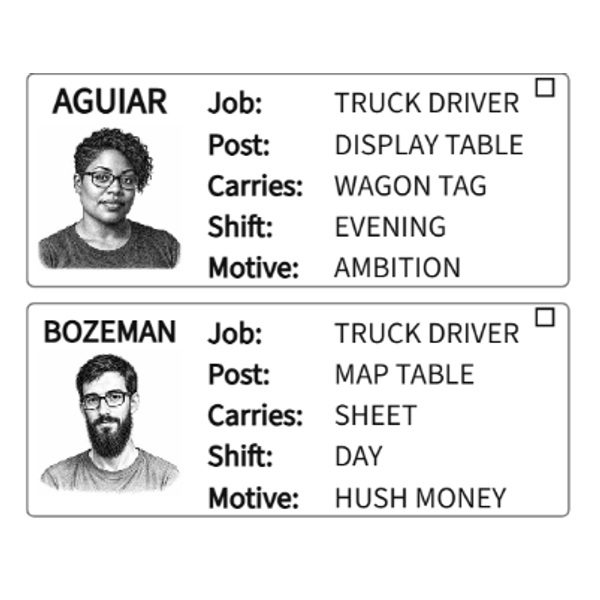 Two black-and-white roster cards with portraits, names, job, post, carries, shift, and motive.