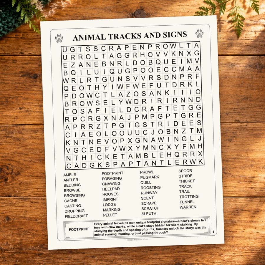 The complete Animal Tracks and Signs puzzle page, including its word list.
